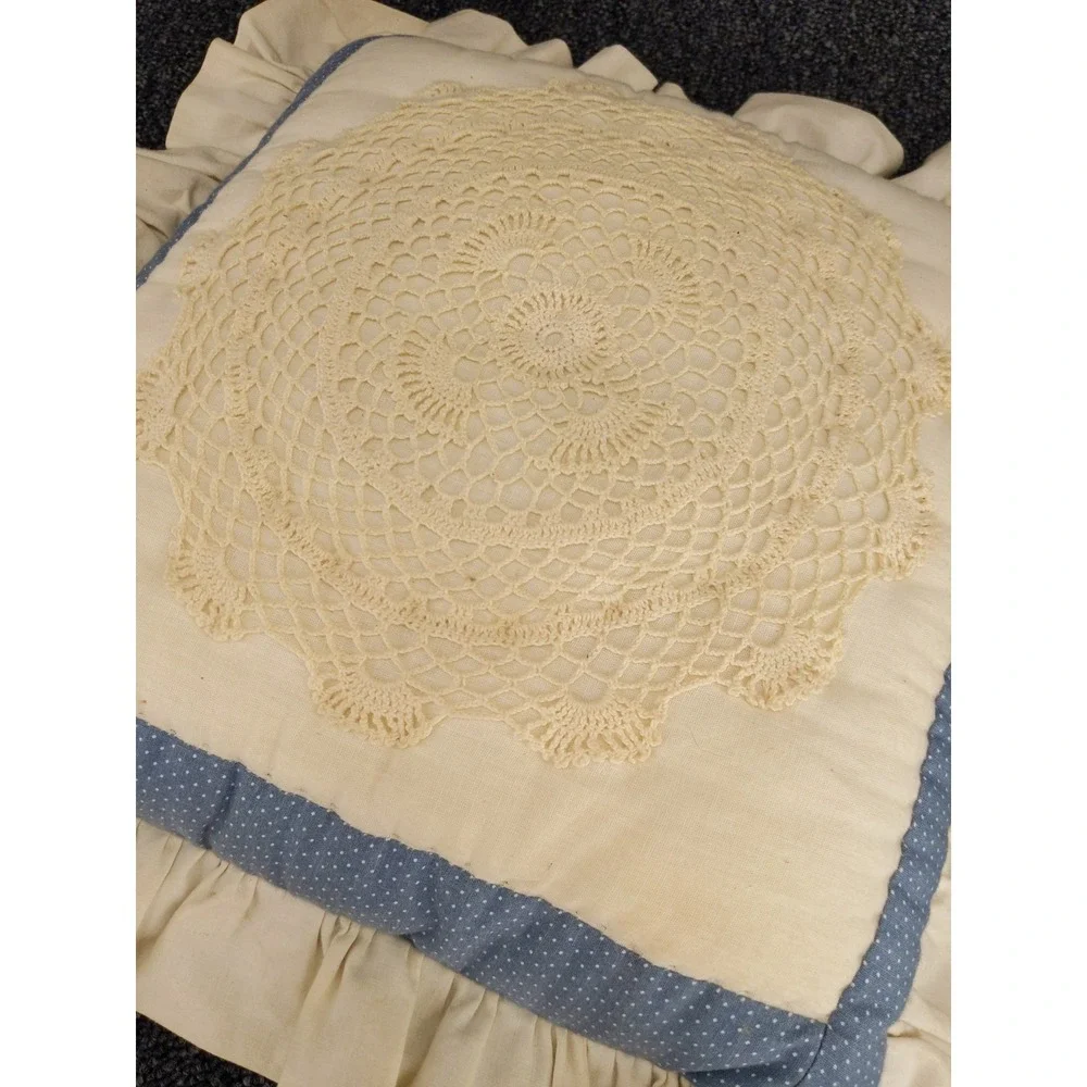 Vintage Accent Pillow Blue White‎ Polka Dot Crochet Doily Ruffle